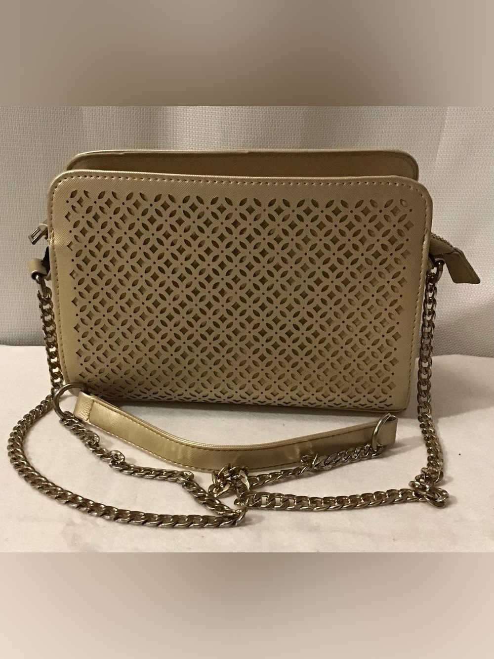 Laser-Cut Beige Crossbody Bag with Gold Chain Strap